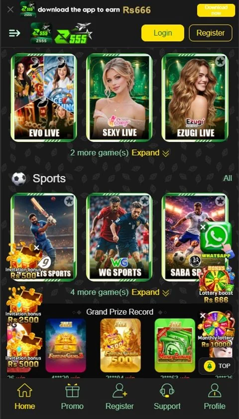 Z555 Game Lobby & Live Sports Interface